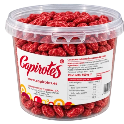 Cubo hermético de 500 g de cacahuetes garrapiñados artesanos Capirotes Original sin gluten