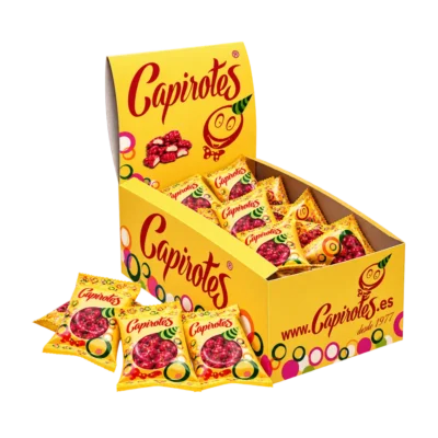 Estuche con 100 bolsitas de 10 g de cacahuetes garrapiñados tradicionales Capirotes Original sin gluten