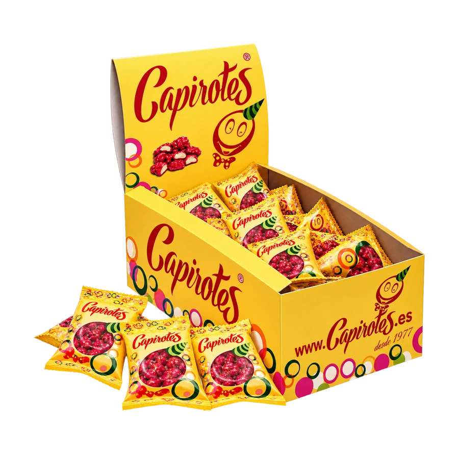 Estuche con 100 bolsitas de 10 g de cacahuetes garrapiñados tradicionales Capirotes Original sin gluten
