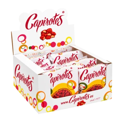 Estuche expositor de bolsas de 70 g de Capirotes Original cacahuete garrapiñado con cacao y vainilla