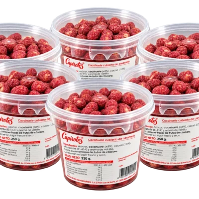 Pack de 6 tarrinas termoselladas de 250 g de cacahuetes garrapiñados tradicionales Capirotes sin gluten