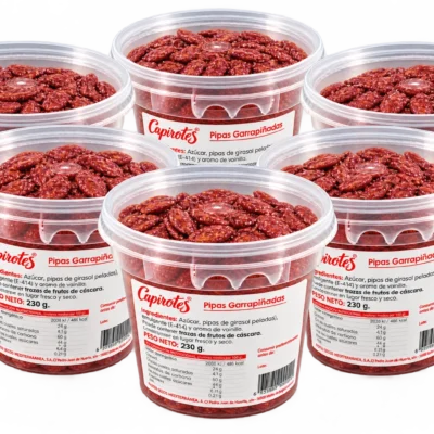 Pack de 6 tarrinas termoselladas de 230 g de pipas peladas garrapiñadas Capirotes sin gluten