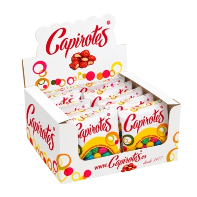 Expositor de mostrador con bolsitas de 70 g de Capirotes Mix de Colores, snack dulce sin gluten