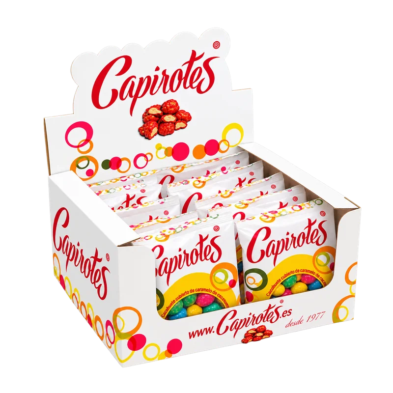 Expositor de mostrador con bolsitas de 70 g de Capirotes Mix de Colores, snack dulce sin gluten