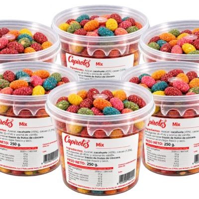Pack de 6 tarrinas termoselladas de 250 g de cacahuetes garrapiñados Capirotes Mix Colores sin gluten