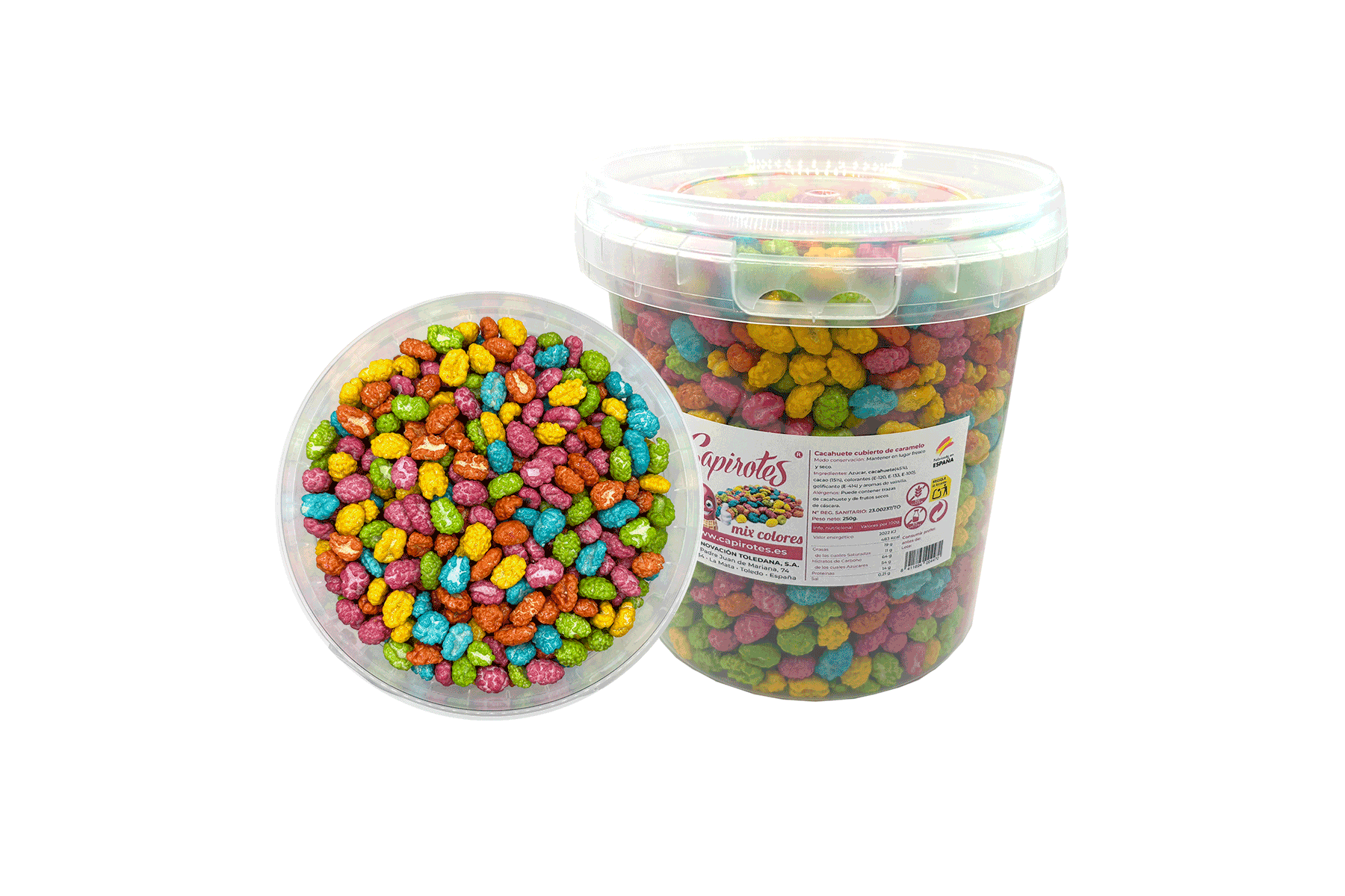 Cubo Mix de 2 kg de cacahuetes garrapiñados de Capirotes