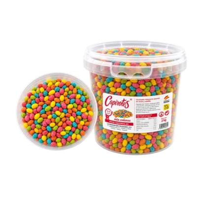 Cubo hermético de 2 kg de Capirotes Mix de Colores, cacahuetes garrapiñados multicolor sin gluten para candy bar y eventos