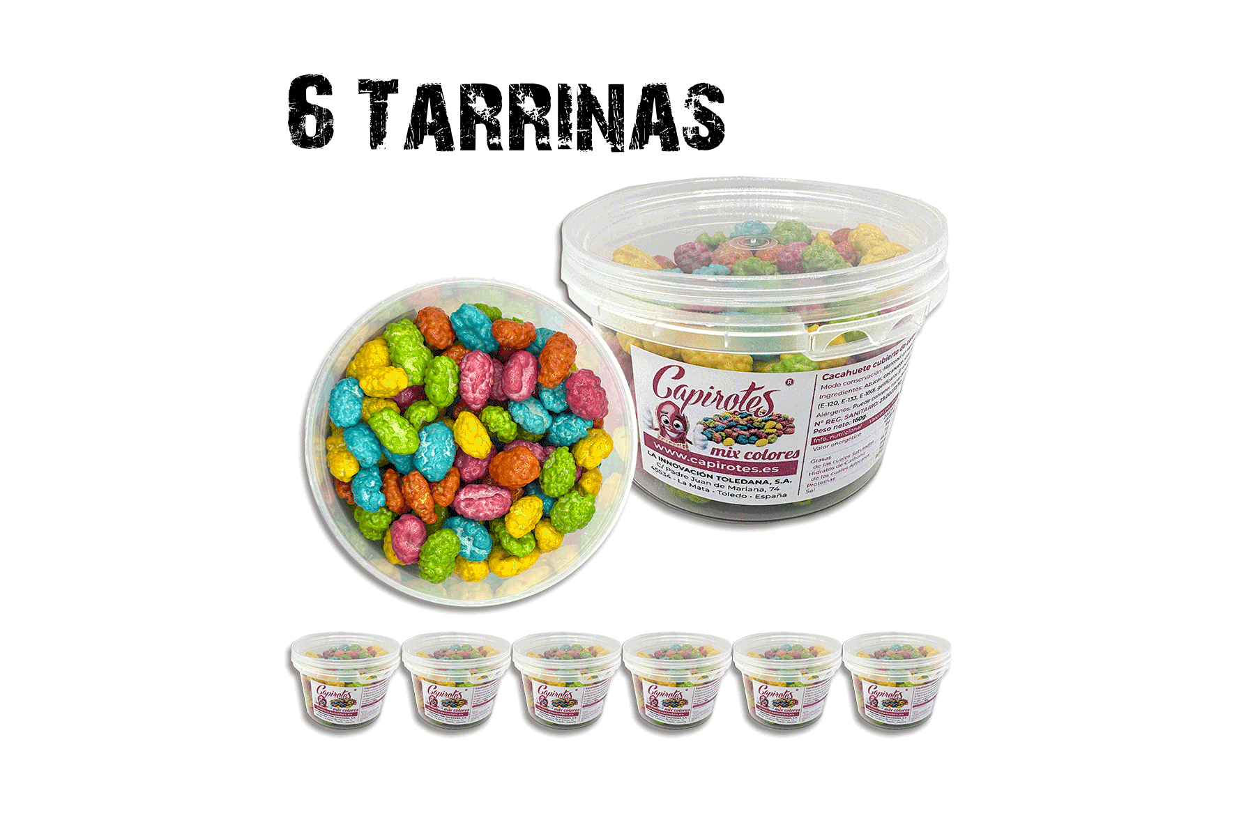 Pack Mix de 6 tarrinas de 160 g de cacahuetes garrapiñados de Capirotes