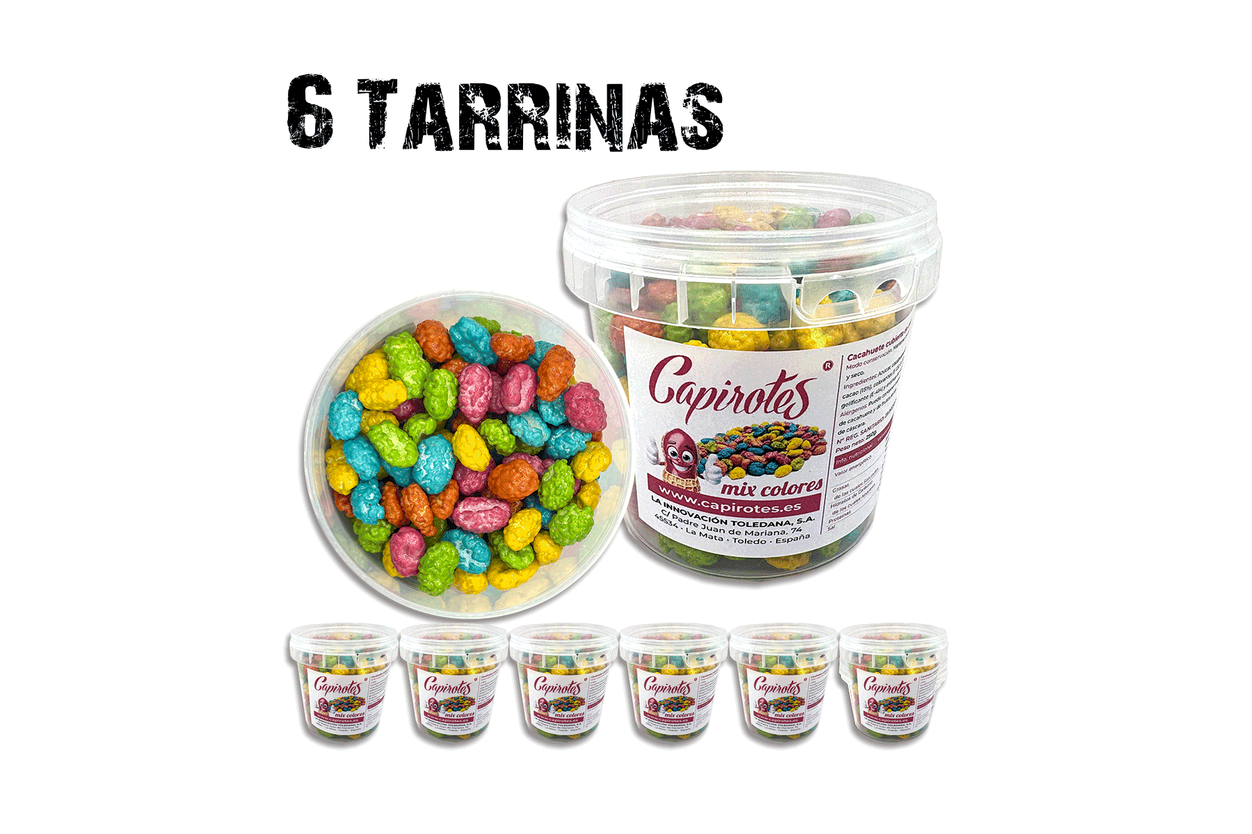 Pack Mix de 6 tarrinas de 250 g de cacahuetes garrapiñados de Capirotes