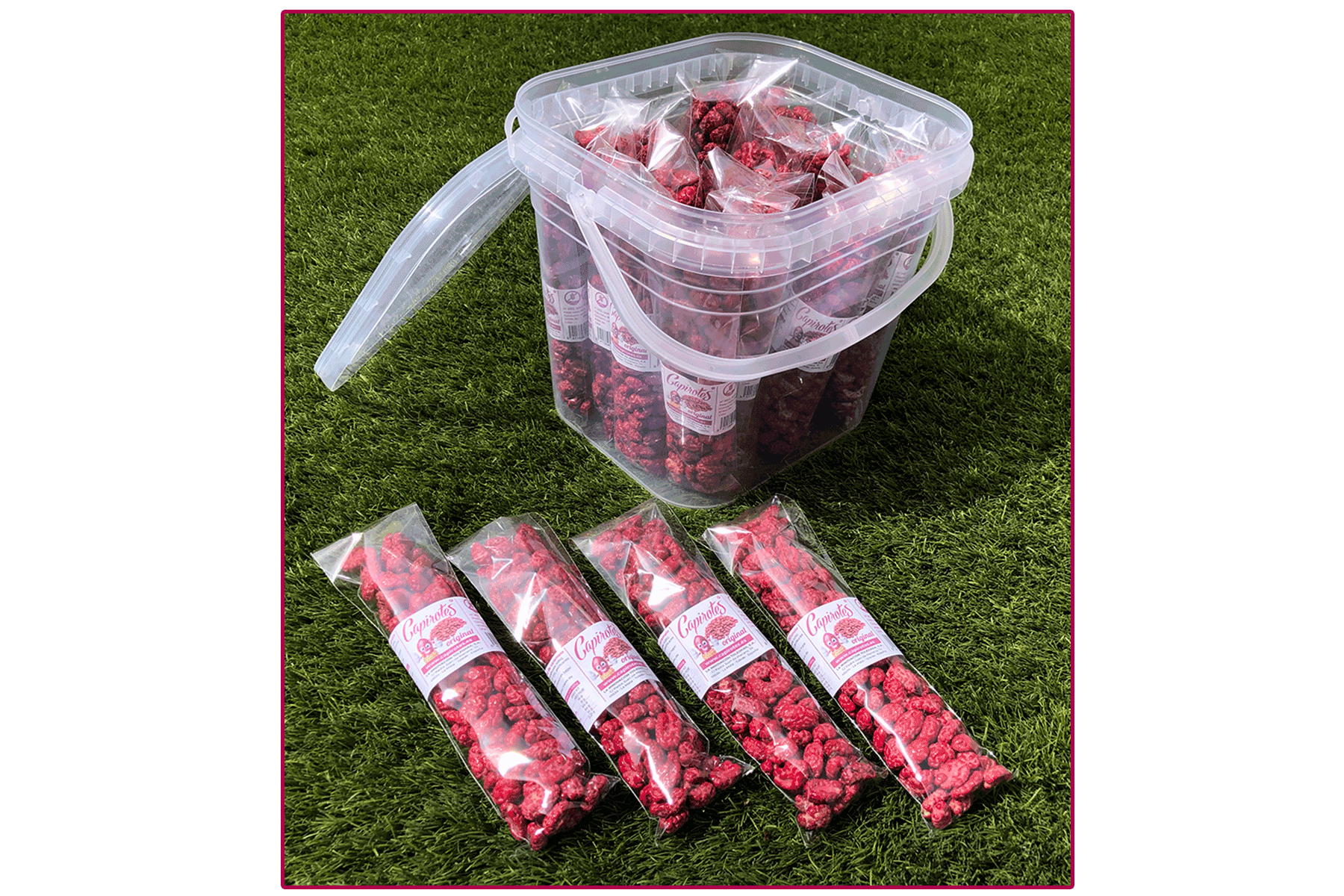 Cubo de 24 bolsas de cacahuetes garrapiñados de Capirotes