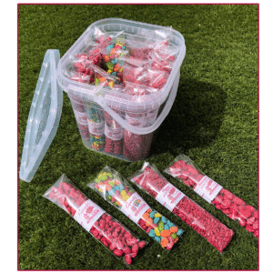 Cubo de 24 bolsas de garrapiñados variados artesanales