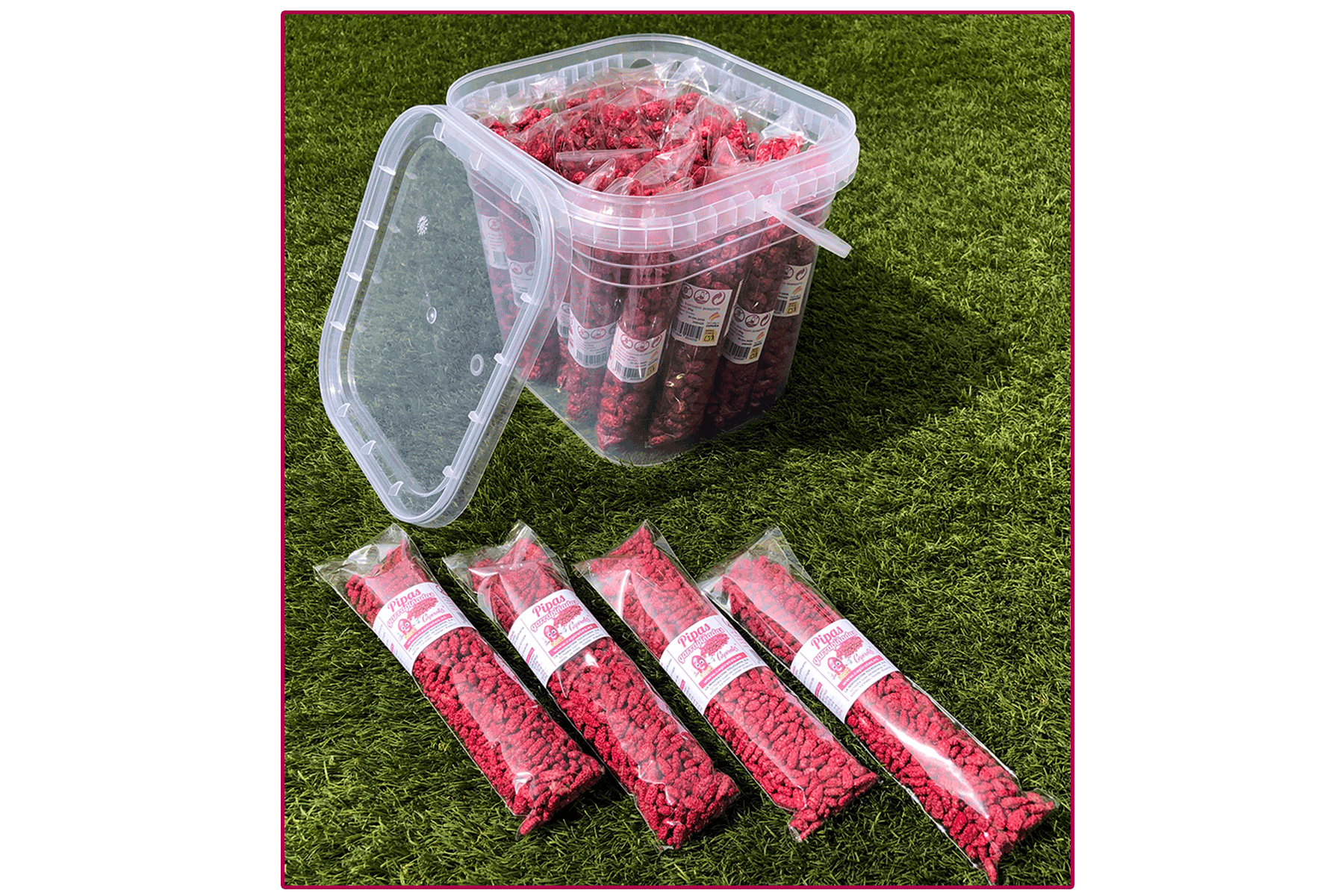 Cubo de 24 bolsas de pipas garrapiñadas artesanales de Capirotes