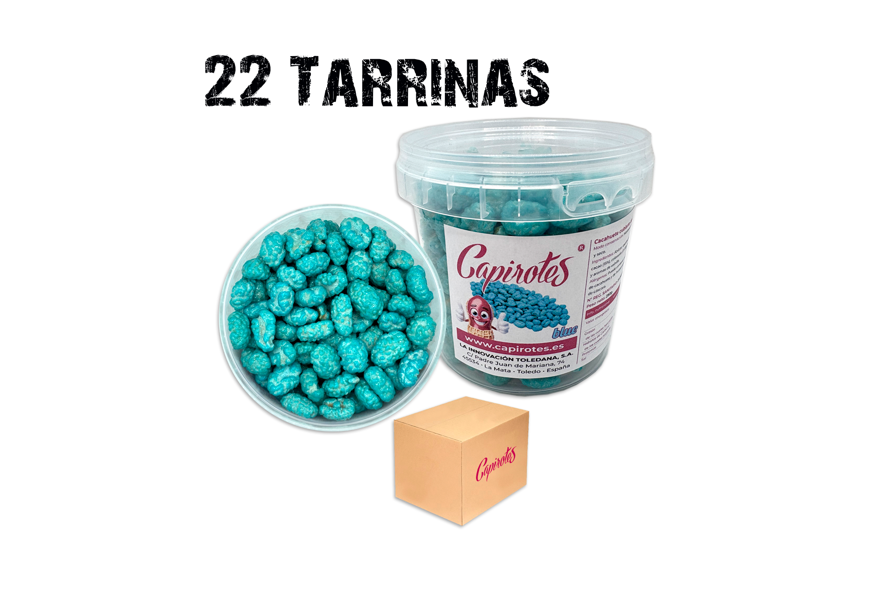 Pack Blue de 22 tarrinas de 250 g de cacahuetes garrapiñados de Capirotes