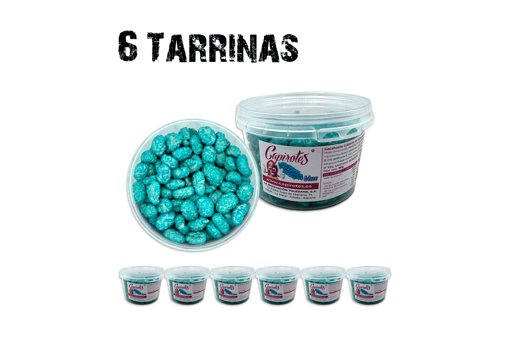 Pack Blue de 6 tarrinas de 160 g de cacahuetes garrapiñados de Capirotes