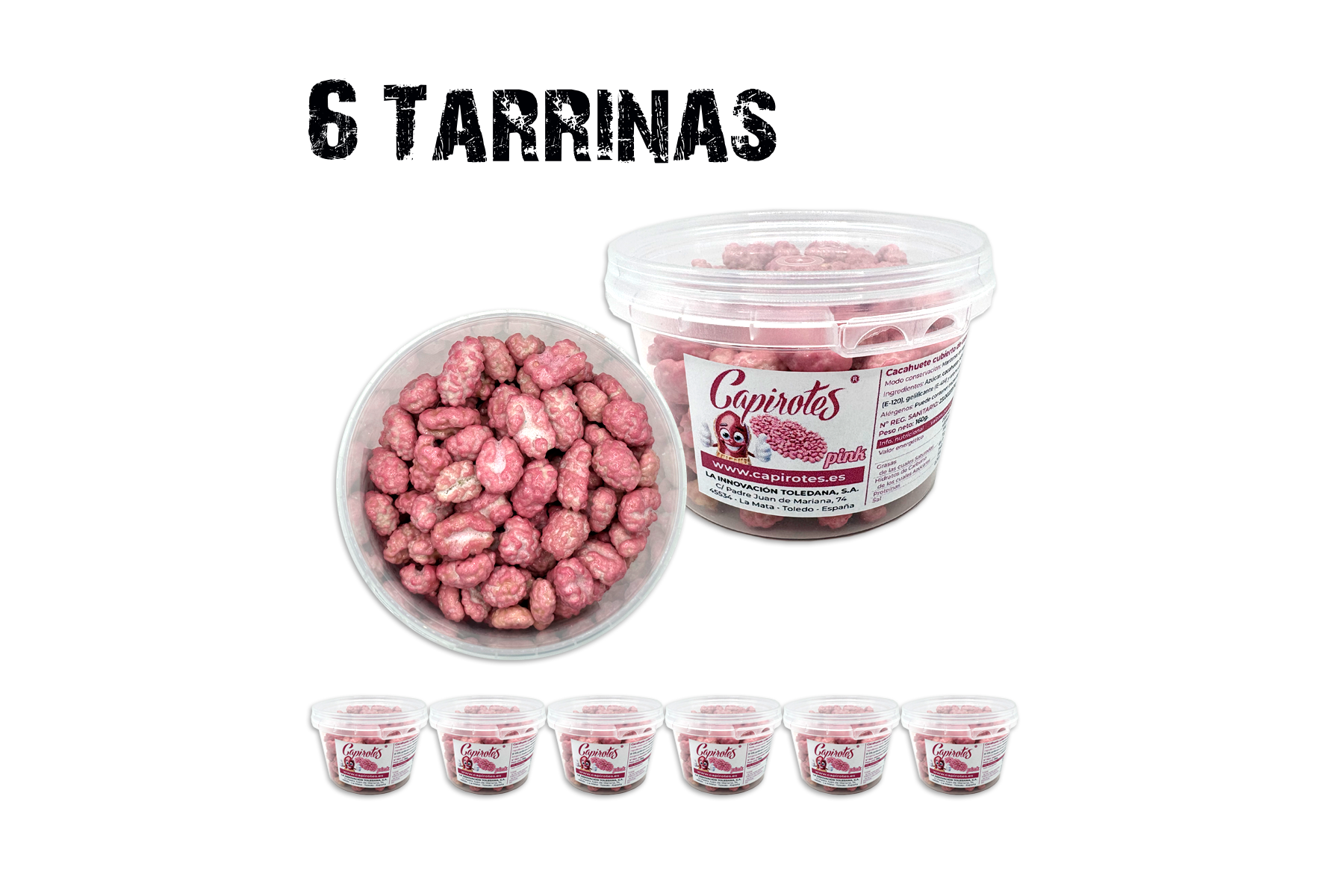 Pack de 6 tarrinas de cacahuetes garrapiñados Capirotes Pink, snack artesano para regalos y eventos