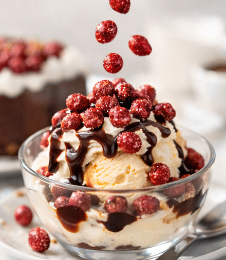 Helado con Capirotes como topping de cacahuetes garrapiñados de cacao