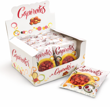 Expositor de Capirotes con bolsas de 70gr de cacahuetes garrapiñados de cacao